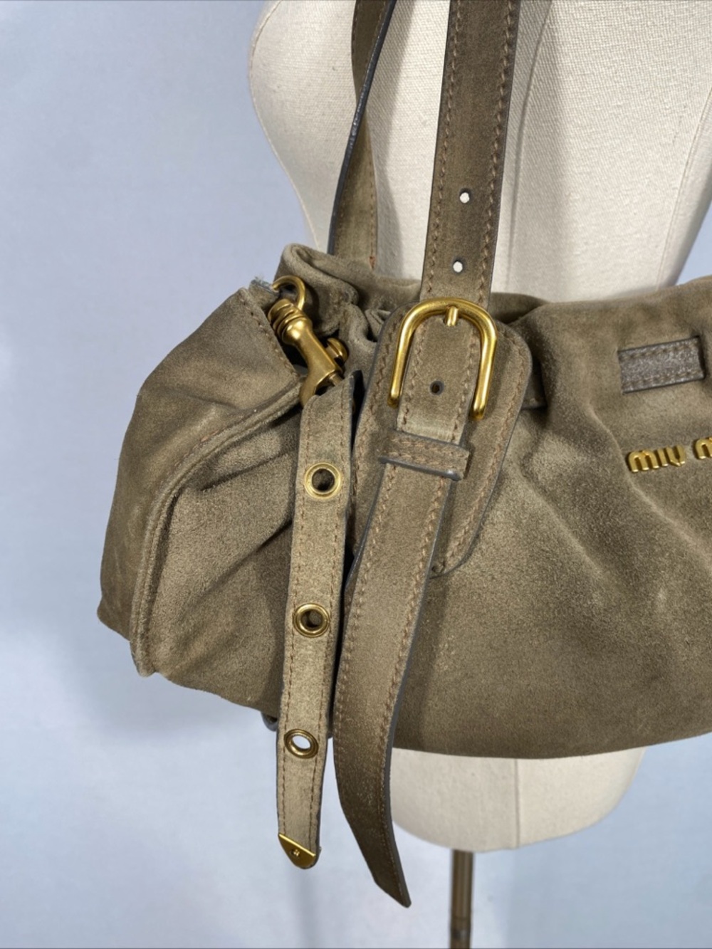 Miu Miu Olive Green Suede Shoulder Tote with Gold Hardware 90s Y2K - Picture 3 of 13